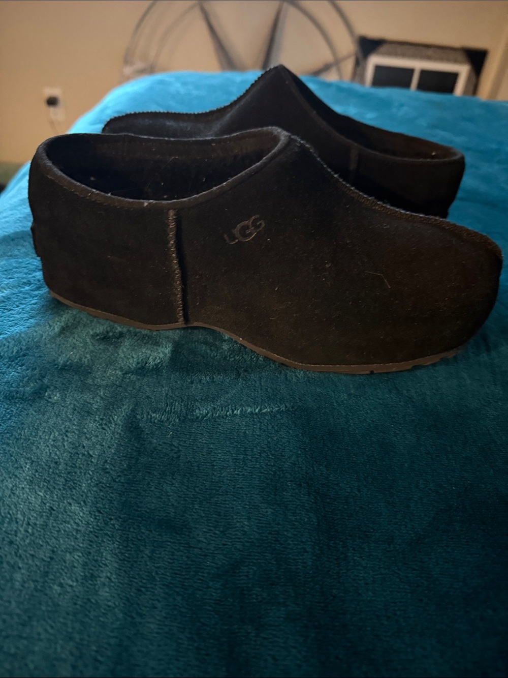 UGG Women's Black Suede Mules with Shearling Trim